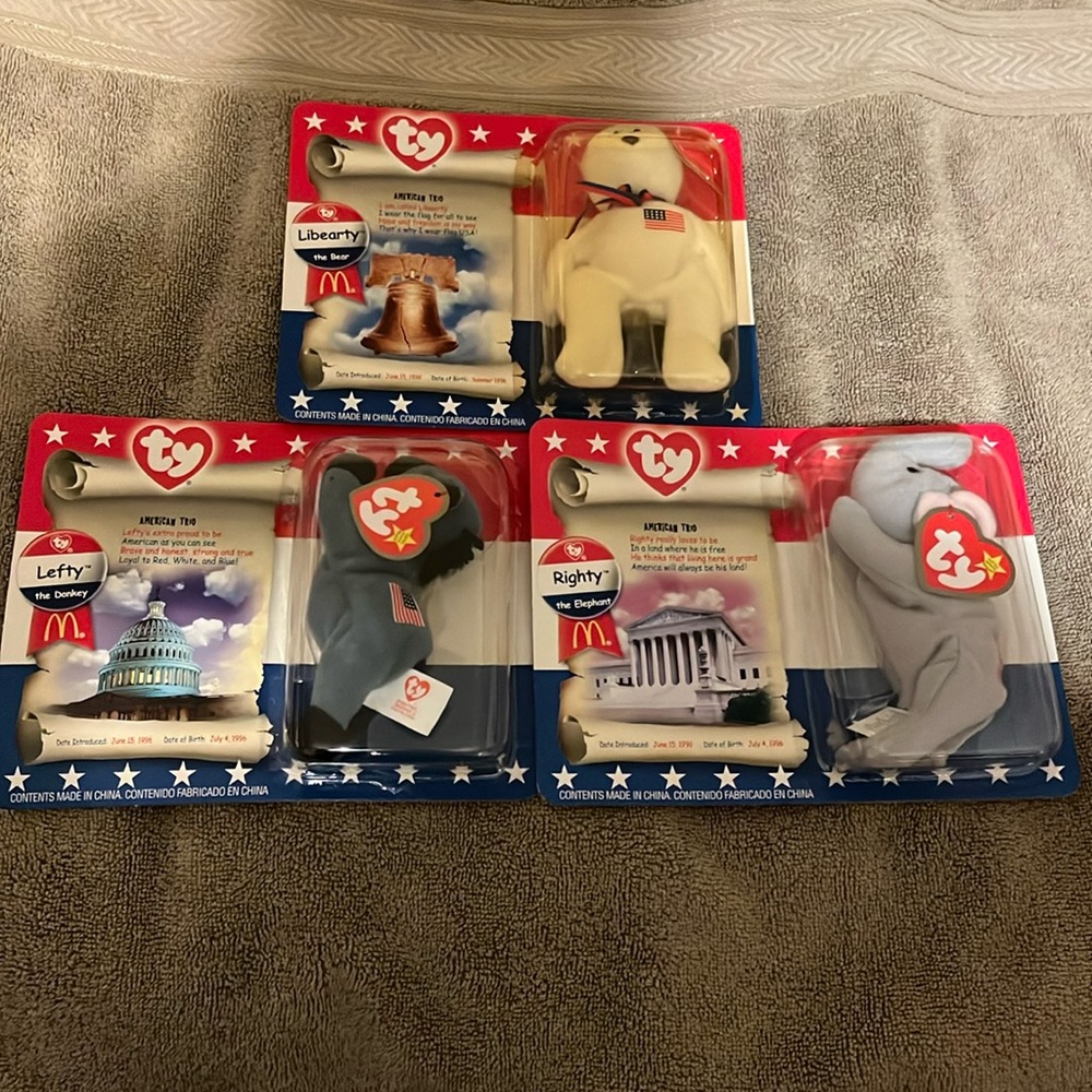 Ty Beanie Babies McDonald’s American Trio Libearty, Righty and Lefty sealed pkg